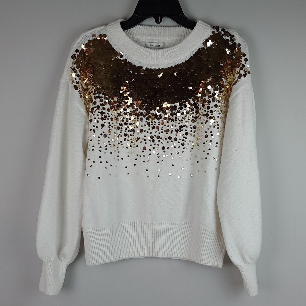 Nine West Womens S White Gold Sequin Crewneck Long Sleeve Holiday Party Sweater